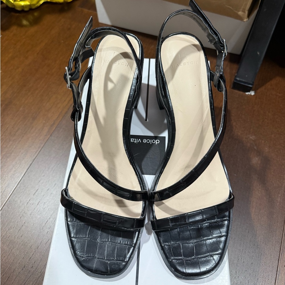 Halston Black Croc-Embossed Strapy Block Heel Sandals